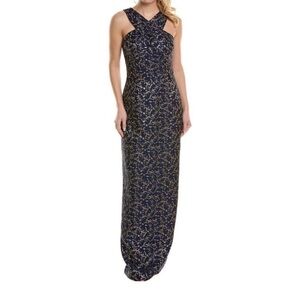 Elegant Teri Jon  Navy and Gold Evening halter gown